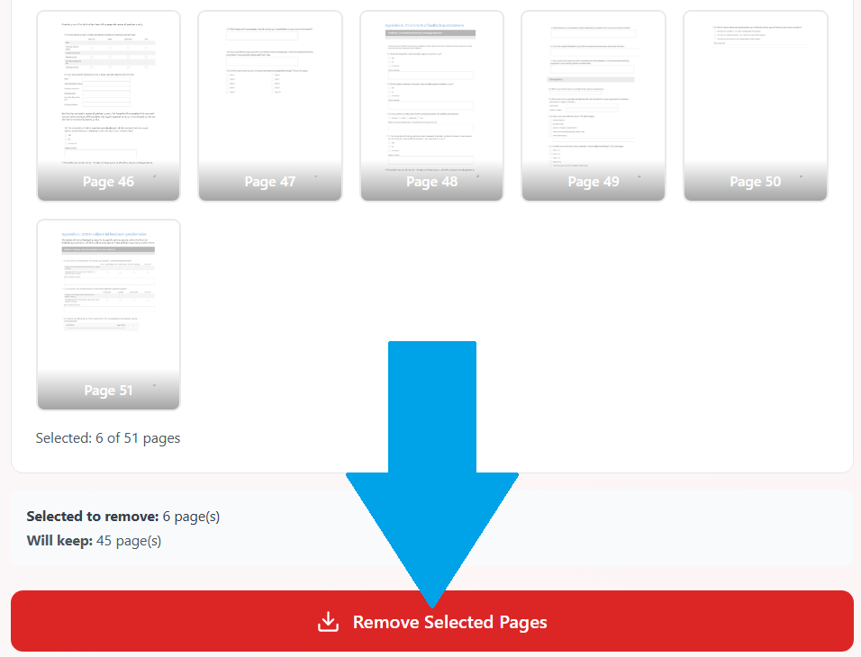 Remove Selected Pages button showing page ranges ready to be removed with download confirmation