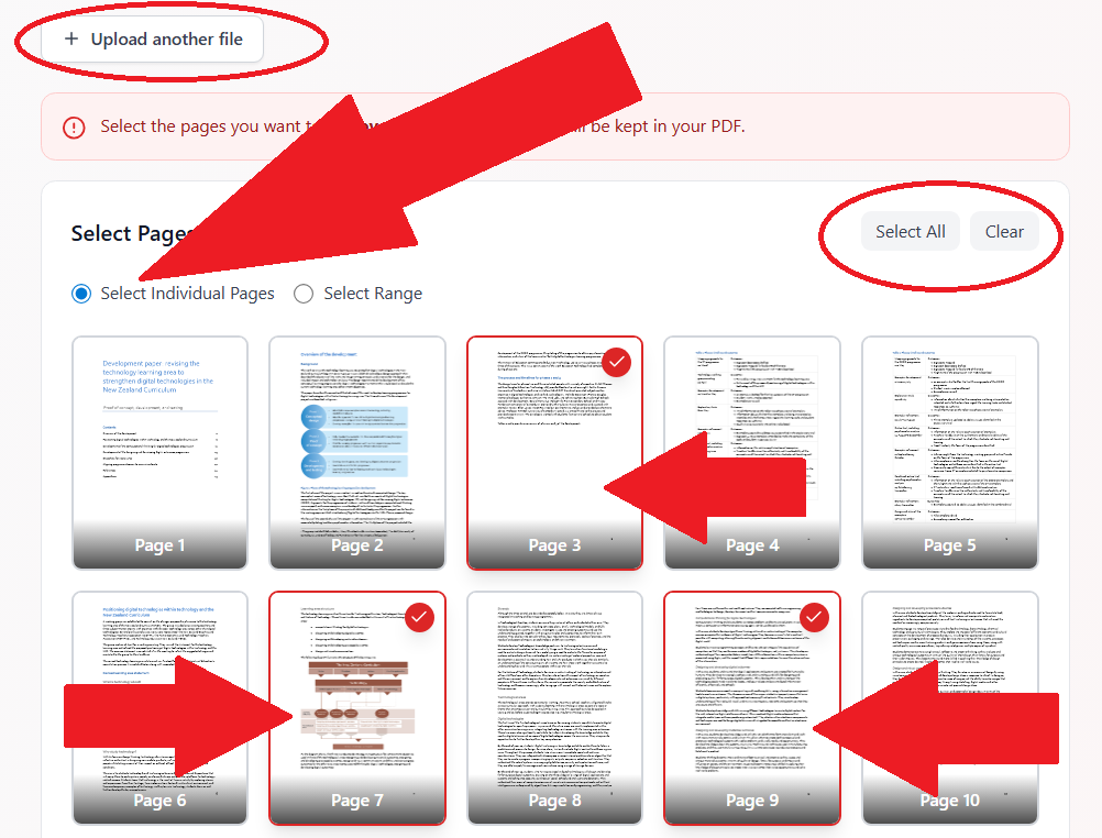 PDF page selector showing individual pages with red checkmarks on selected pages to delete