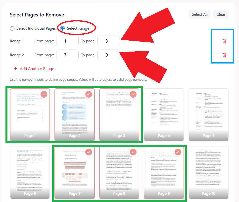 Select page range interface with input fields for start and end page numbers