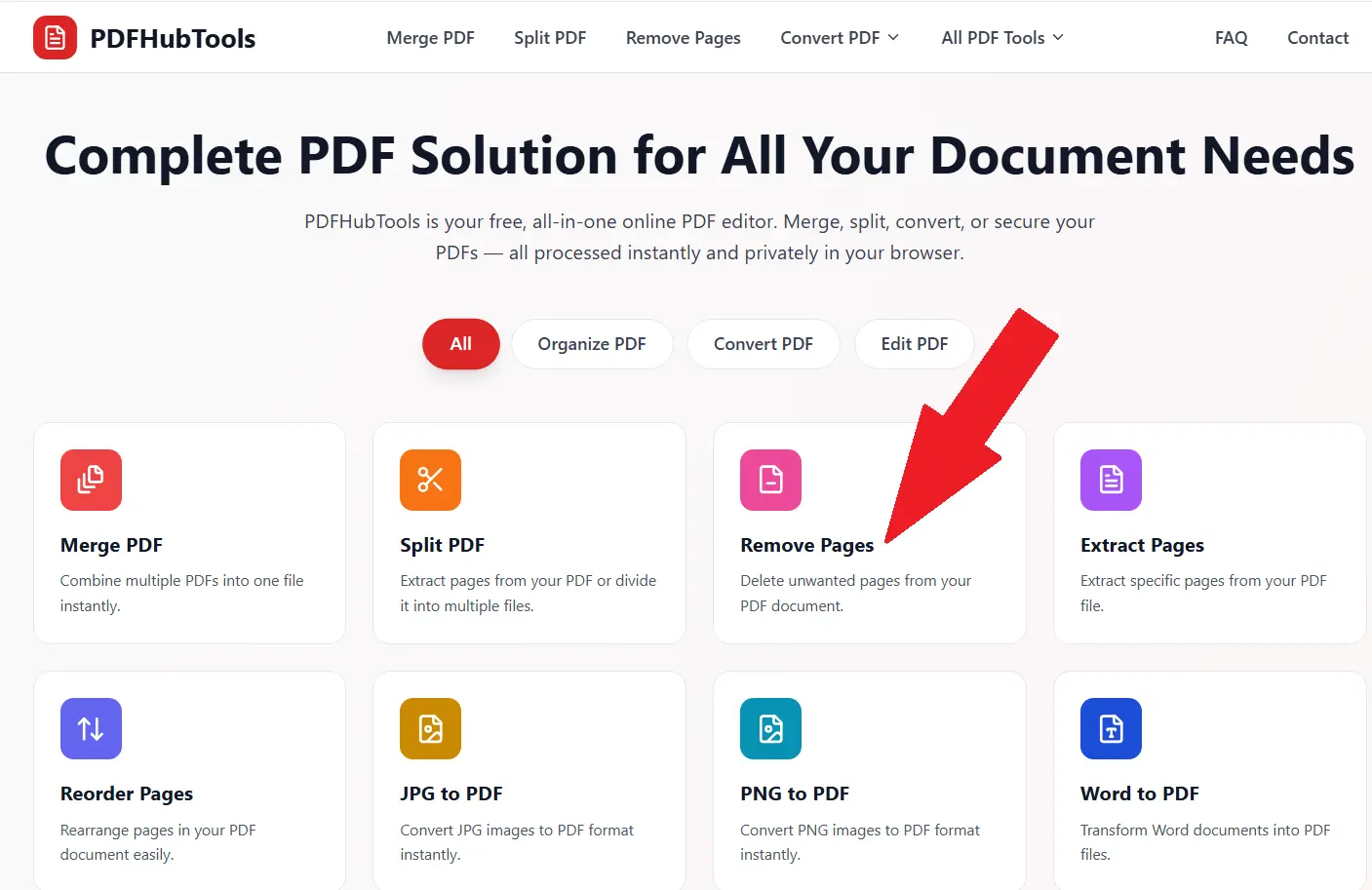 PDFHubTools homepage showing the Remove Pages tool highlighted with a red arrow