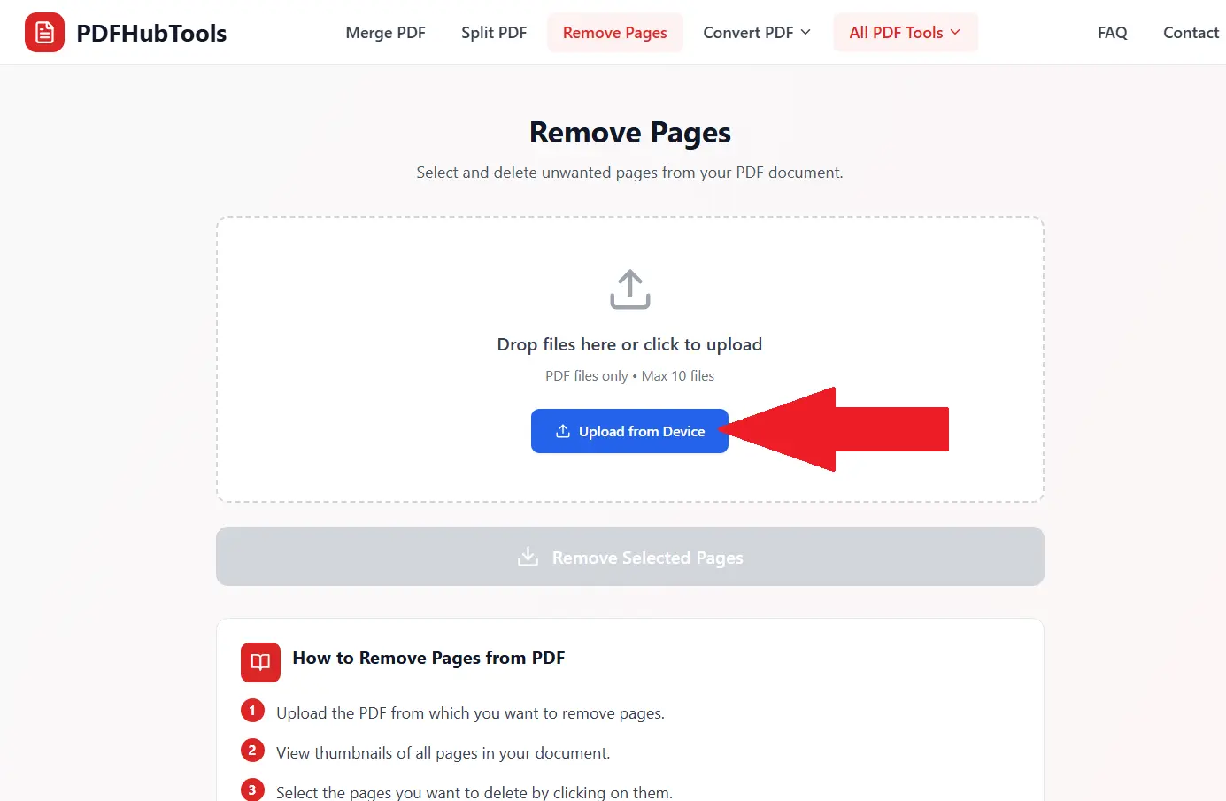 Upload PDF file interface showing drag and drop area and upload button